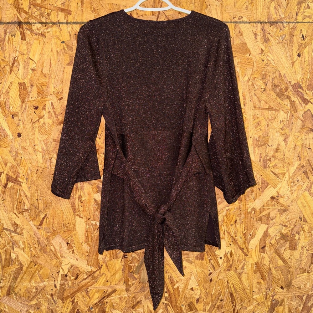 VTG Y2K Brown Wrap Tunic Top Bow Tie Back Silk Lurex Etc Shiny Party Sparkly L - Picture 4 of 6